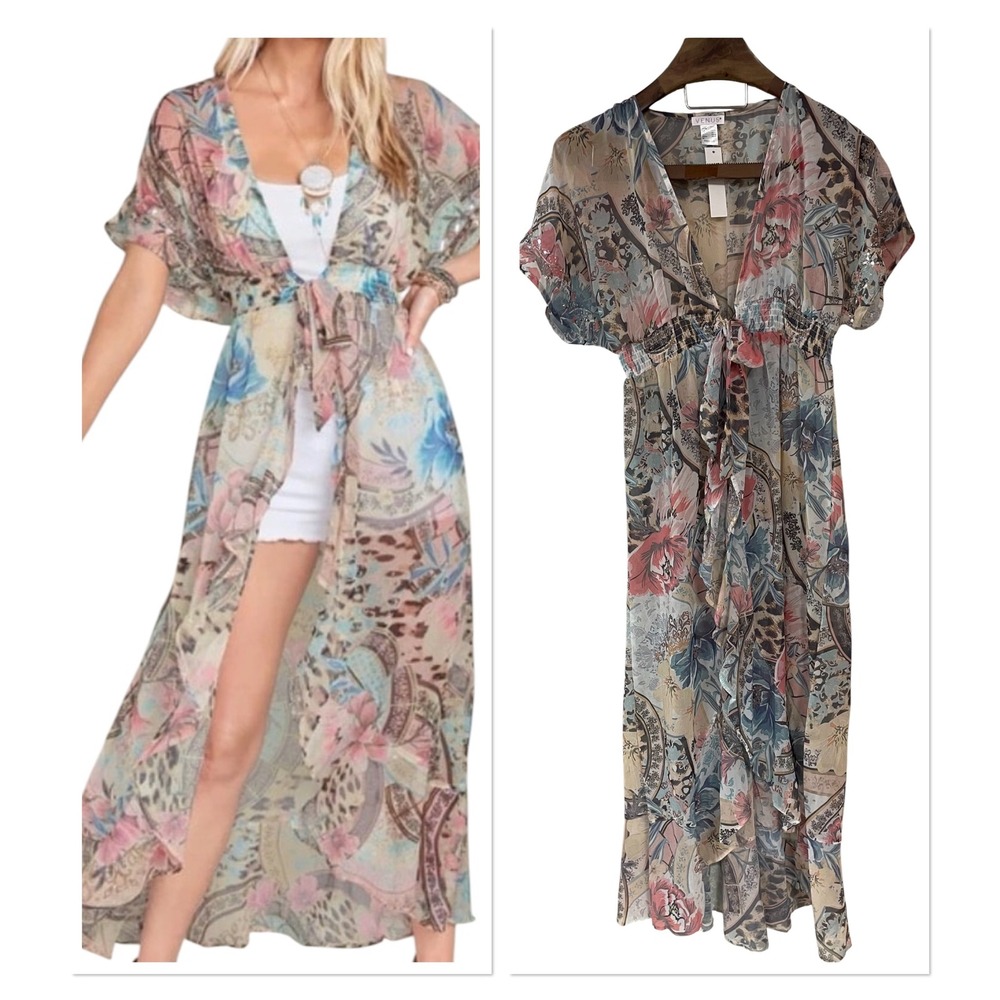 Venus Floral Animal Print Sheer Sequin Maxi Duster Cover Up Beach Fairy S NEW‎